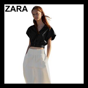 NWT ZARA Black clean lines elastic waist button down crop top